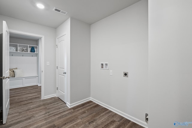 117 Huffman St, Hazel Green, AL 35750 - clothes washing area with laundry area, visible vents, dark wood-type flooring, hookup for a washing machine, and hookup for an electric dryer