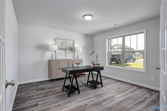 117 Huffman St, Hazel Green, AL 35750 - home office with baseboards, visible vents, and dark wood-type flooring