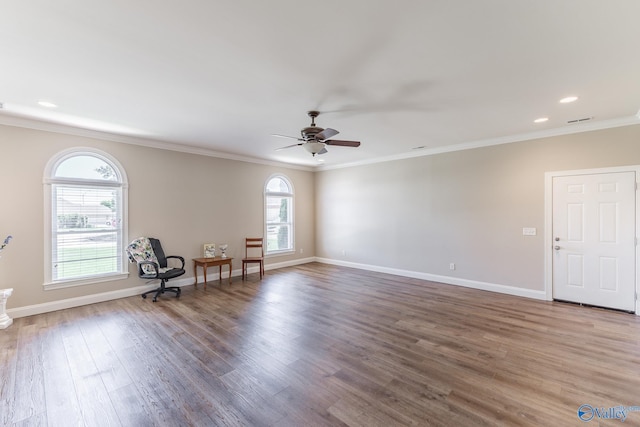101 Tempo Cir, Harvest, AL 35749 - unfurnished room featuring ceiling fan, wood finished floors, baseboards, crown molding, and recessed lighting