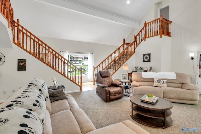 living room with beamed ceiling, carpet flooring, high vaulted ceiling, stairs, and baseboards