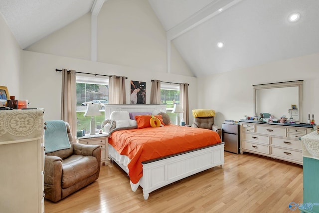 bedroom featuring beam ceiling, high vaulted ceiling, light wood finished floors, and recessed lighting