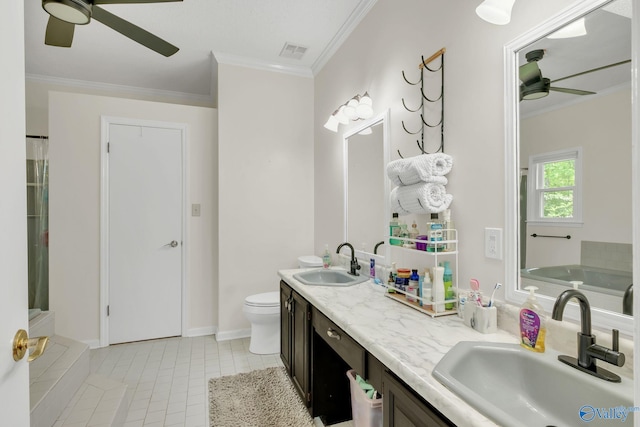 bathroom with visible vents, a ceiling fan, ornamental molding, and a sink