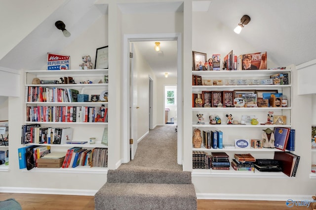 interior space featuring wood finished floors, lofted ceiling, and baseboards