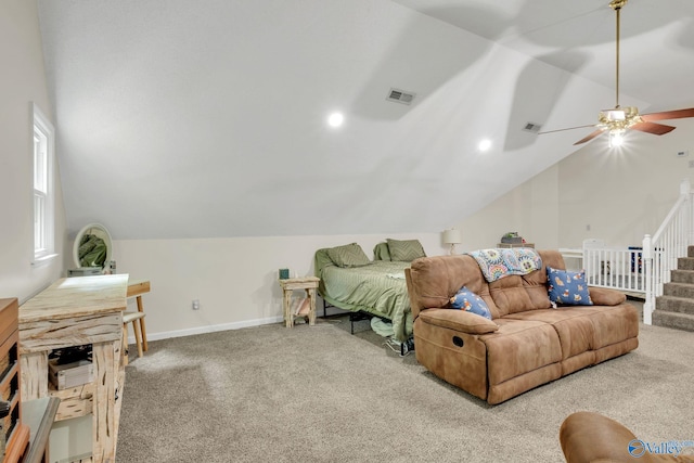 bedroom featuring carpet flooring, ceiling fan, visible vents, vaulted ceiling, and baseboards