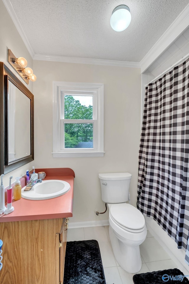 full bathroom featuring a textured ceiling, vanity, toilet, and crown molding