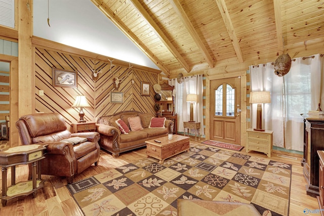 living room featuring wooden walls, high vaulted ceiling, wooden ceiling, hardwood / wood-style flooring, and beamed ceiling