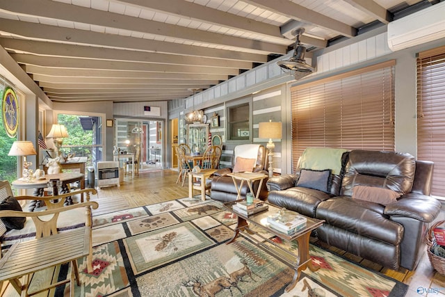 sunroom / solarium with vaulted ceiling with beams and a wall mounted air conditioner