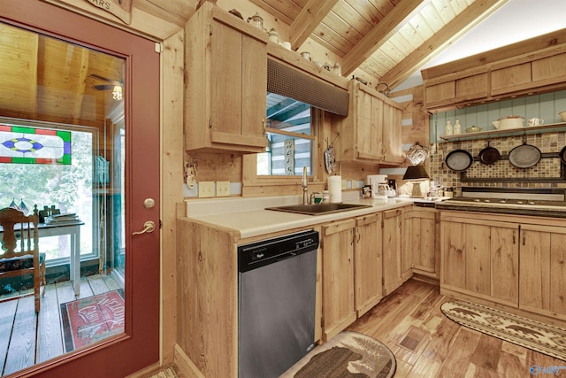 kitchen with sink, light wood-type flooring, lofted ceiling with beams, stainless steel dishwasher, and wood ceiling