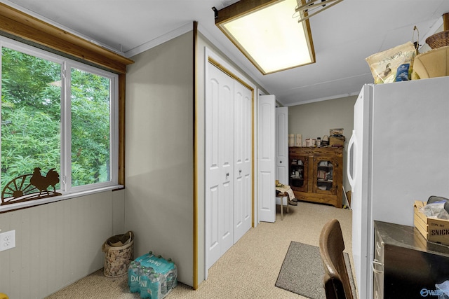 interior space with light carpet and white refrigerator