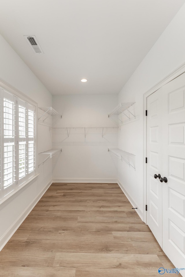 walk in closet with light wood-type flooring