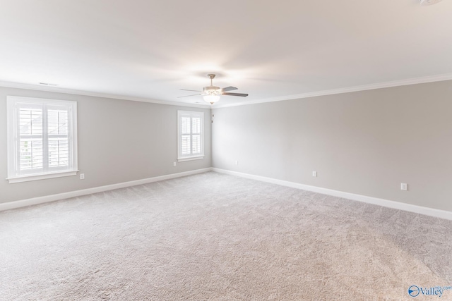 empty room with ceiling fan, ornamental molding, and carpet flooring