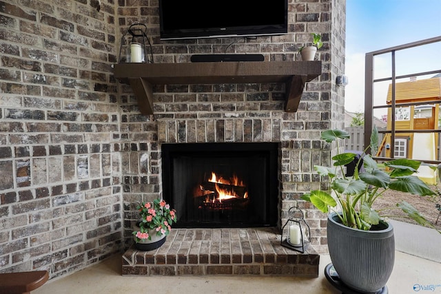 details with a brick fireplace