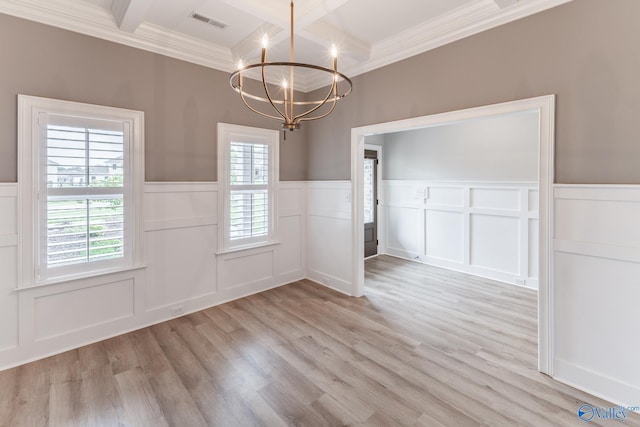 unfurnished dining area featuring beamed ceiling, coffered ceiling, a notable chandelier, and light hardwood / wood-style flooring