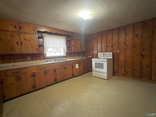 kitchen featuring sink, electric range, and wood walls