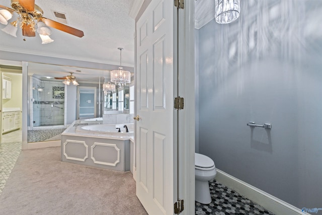 full bathroom with plus walk in shower, crown molding, a textured ceiling, ceiling fan with notable chandelier, and toilet