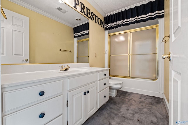 full bathroom featuring vanity, ornamental molding, shower / bath combination with glass door, toilet, and a textured ceiling