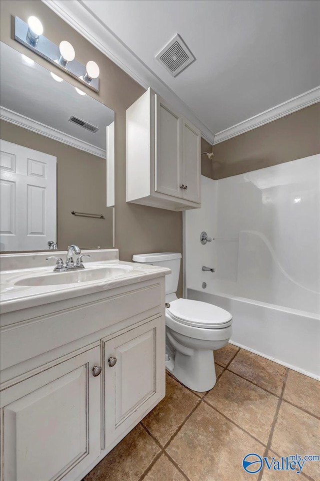 full bathroom featuring vanity, tile patterned flooring, toilet, ornamental molding, and shower / bath combination