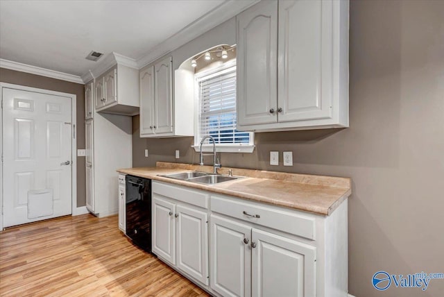 kitchen featuring dishwasher, sink, white cabinets, and ornamental molding