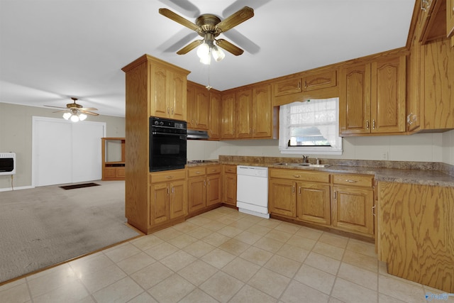 kitchen featuring light carpet, white dishwasher, ceiling fan, sink, and black oven