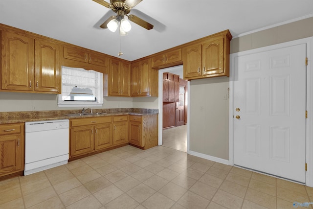 kitchen featuring white dishwasher, sink, ceiling fan, light stone countertops, and ornamental molding