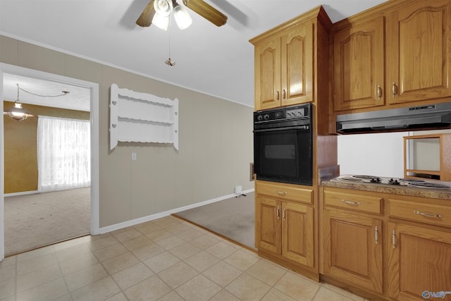 kitchen featuring light colored carpet, black oven, ornamental molding, and white gas stovetop