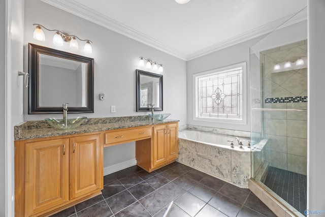 bathroom with plus walk in shower, vanity, tile patterned floors, and ornamental molding