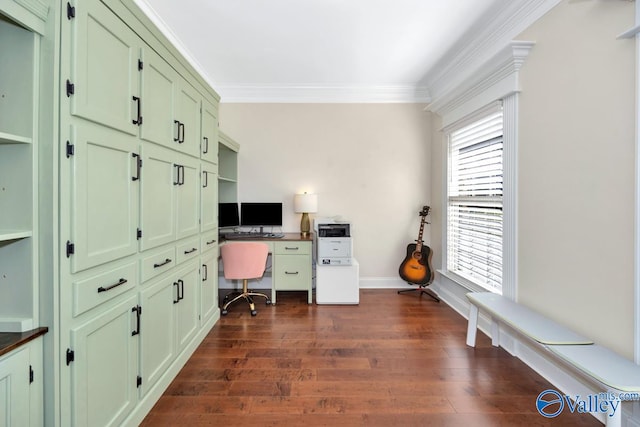 home office with crown molding, a healthy amount of sunlight, and dark hardwood / wood-style floors