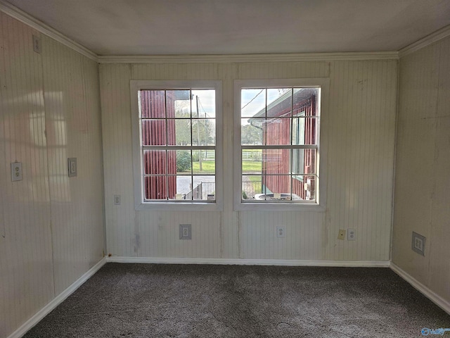 carpeted spare room featuring crown molding