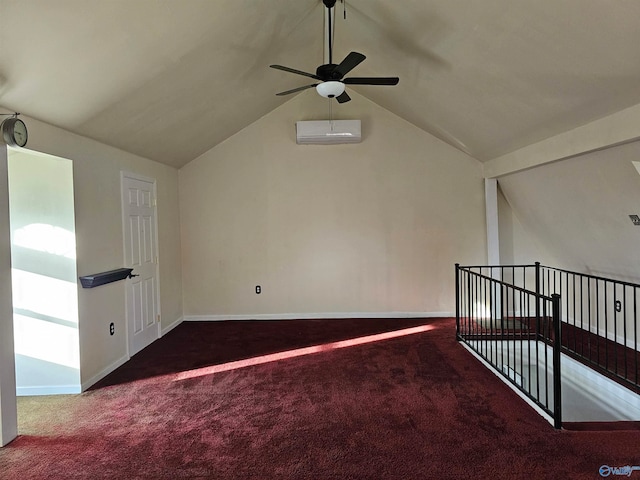 additional living space with a wall mounted AC, ceiling fan, carpet floors, and lofted ceiling