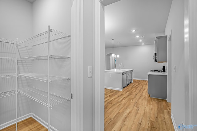 interior space with light hardwood / wood-style floors and sink