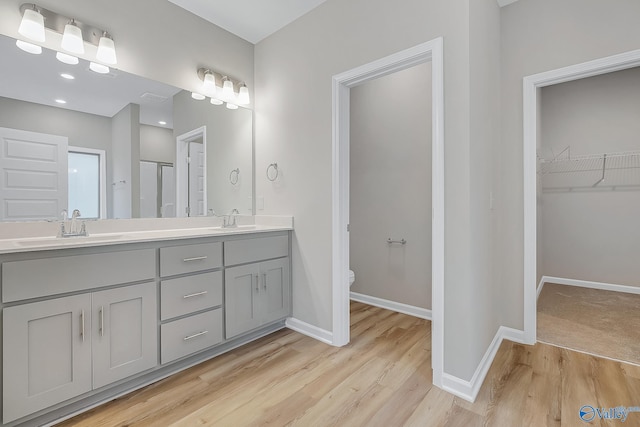 bathroom with toilet, wood finished floors, a sink, baseboards, and a spacious closet