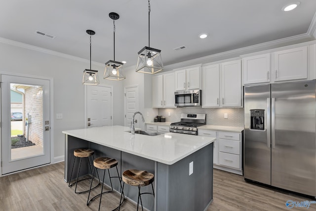 kitchen with white cabinetry, stainless steel appliances, sink, and a center island with sink