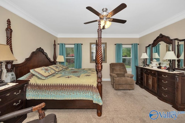 bedroom featuring ceiling fan, light colored carpet, and crown molding