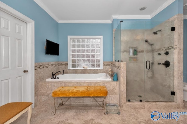 bathroom featuring shower with separate bathtub and crown molding