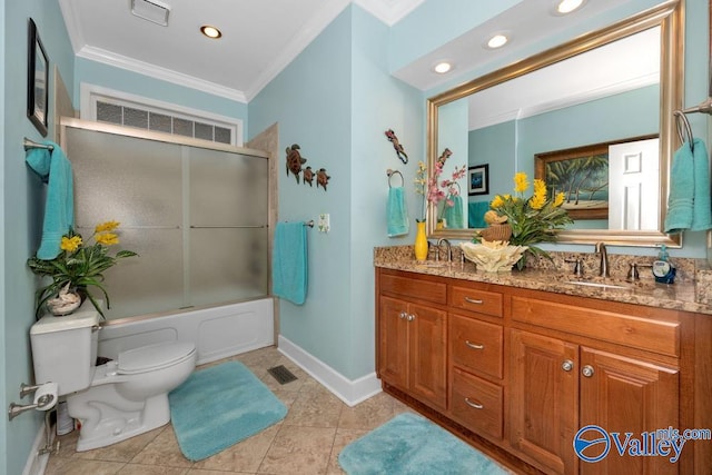 full bathroom with shower / bath combination with glass door, tile patterned floors, ornamental molding, vanity, and toilet