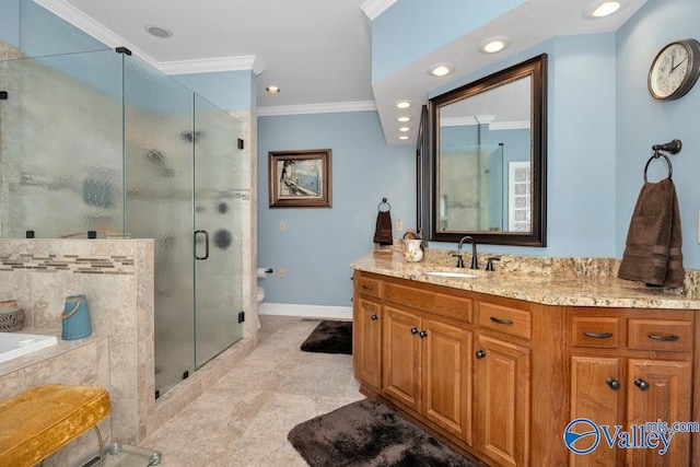 full bathroom featuring vanity, plus walk in shower, ornamental molding, and toilet