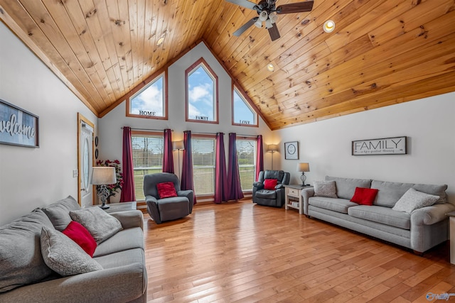living room featuring light wood finished floors, high vaulted ceiling, wooden ceiling, and a ceiling fan