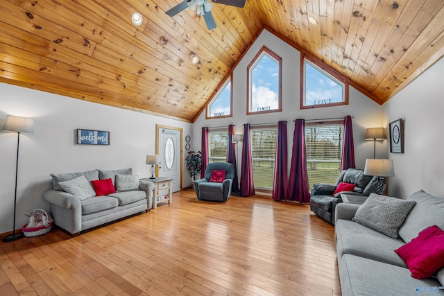 living room featuring wooden ceiling, high vaulted ceiling, light wood-style floors, and ceiling fan