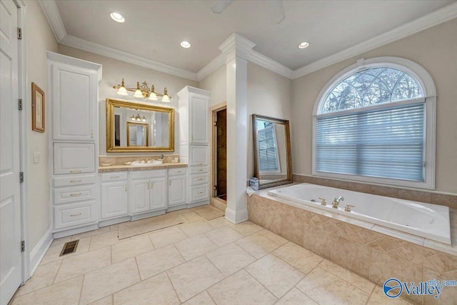 full bathroom with visible vents, ornamental molding, recessed lighting, a bath, and vanity