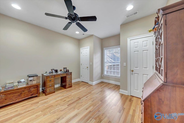 office with visible vents, recessed lighting, light wood finished floors, baseboards, and ceiling fan