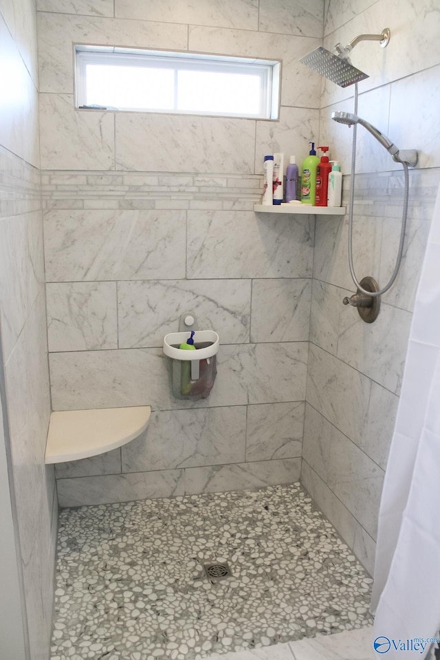 bathroom with a shower with shower curtain