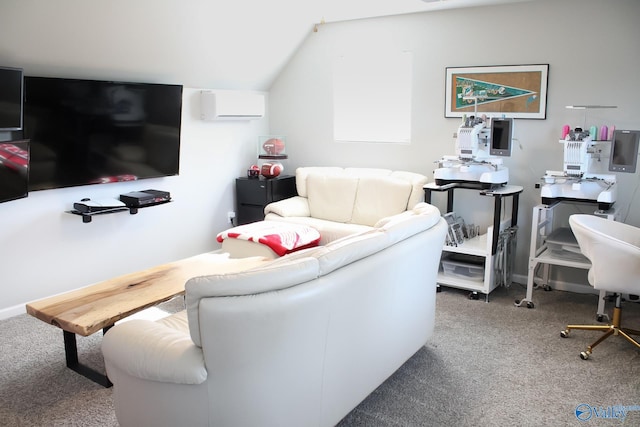 living room featuring carpet floors, vaulted ceiling, and a wall mounted air conditioner