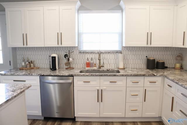 kitchen featuring sink, white cabinets, dishwasher, and decorative backsplash