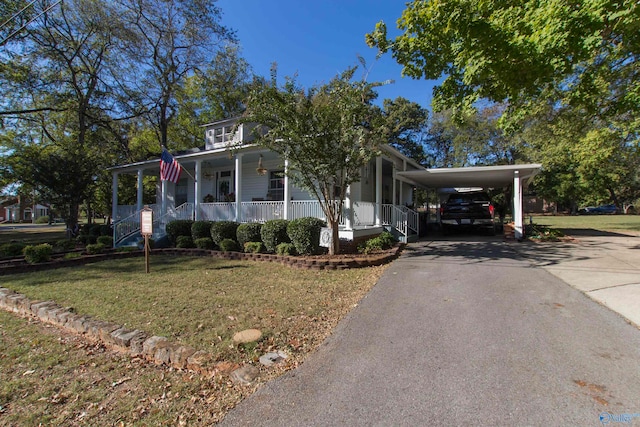 view of front of property with a front lawn, covered porch, and a carport