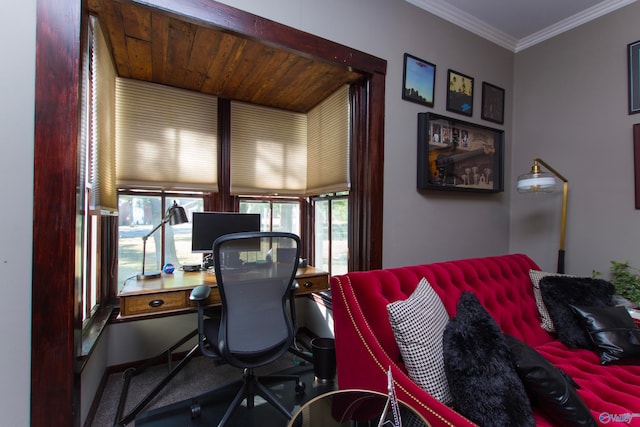 carpeted office space with crown molding and wooden ceiling