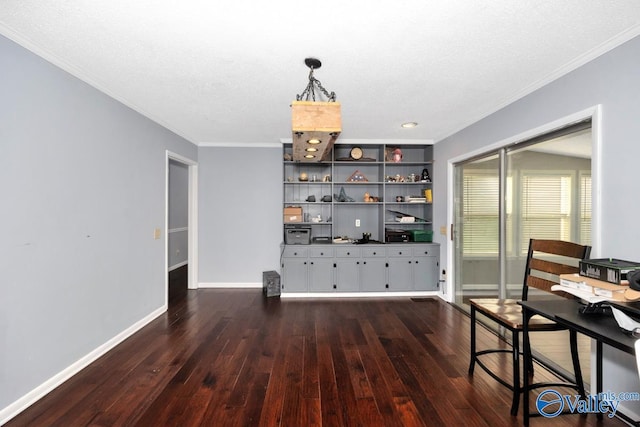 dining area with a textured ceiling, baseboards, ornamental molding, and dark wood finished floors