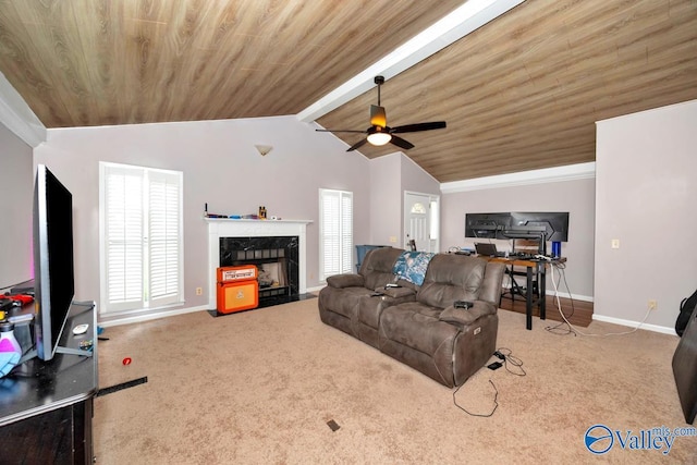 living room featuring wooden ceiling, a ceiling fan, and carpet