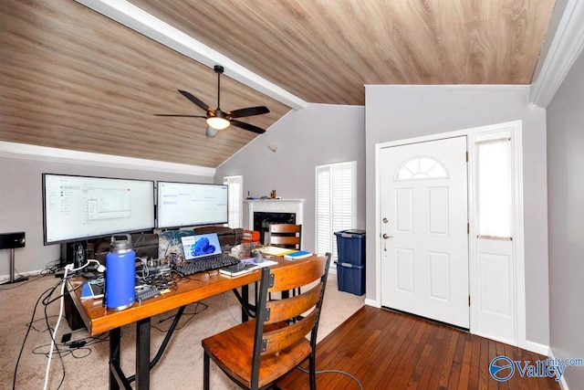home office with a ceiling fan, wooden ceiling, lofted ceiling, baseboards, and dark wood-style floors
