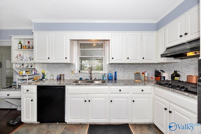 kitchen featuring a sink, white cabinets, black appliances, and under cabinet range hood
