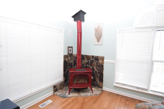 details featuring hardwood / wood-style floors and a wood stove